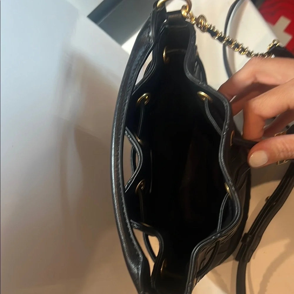 Tory Burch Black Quilted Leather Drawstring Crossbody Bag with Gold Hardware